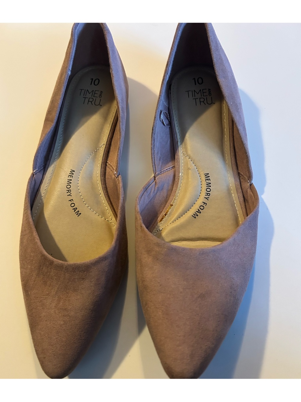 Time and Tru Women's Taupe Pointed-Toe Memory Foam Flats -size 10